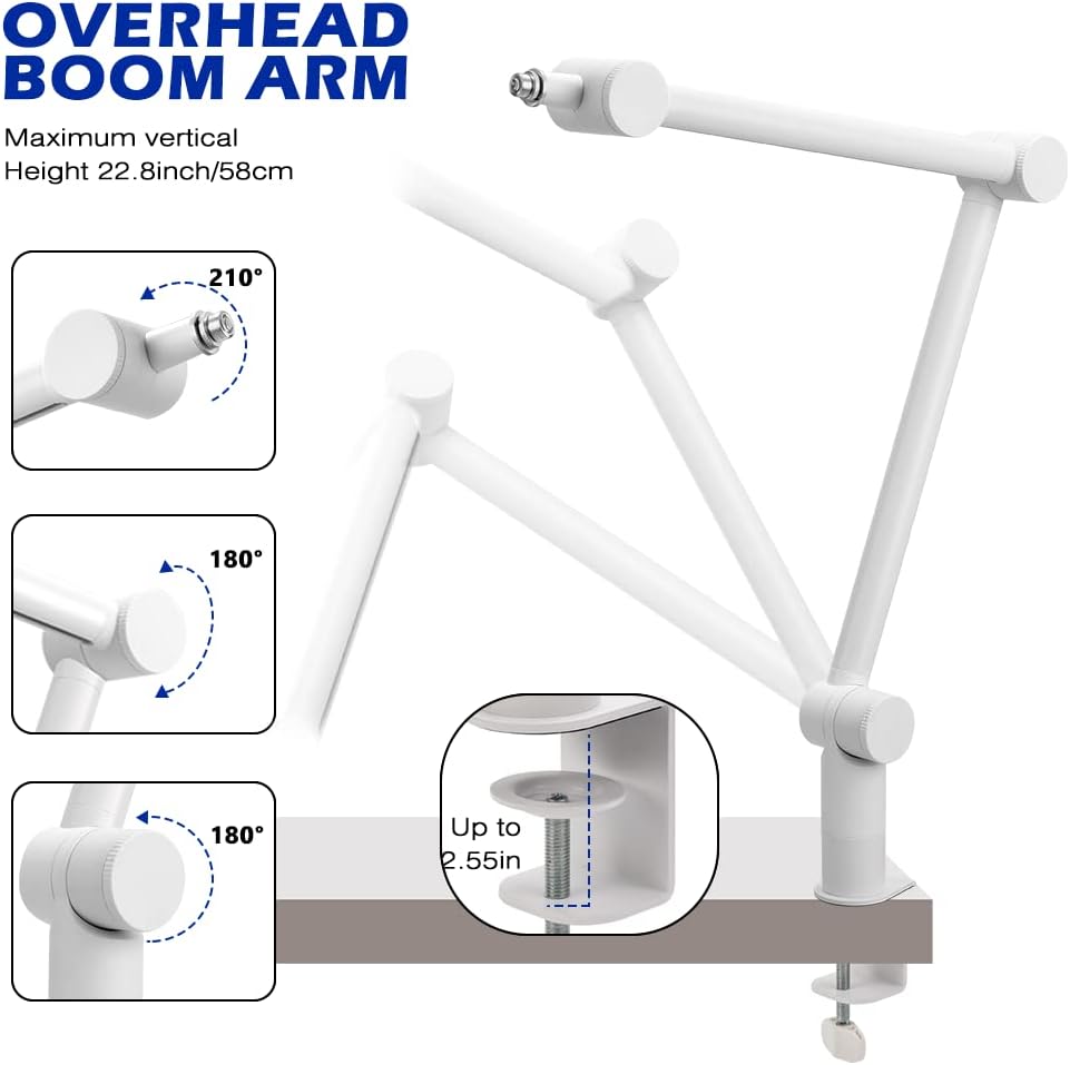 BOMGE Boom Arm Mic Stand MS808 - Adjustable Heavy Duty Suspension Boom Scissor Arm Stand with Cable Management Channels, Desk Clamp for Podcasts, Streaming, Gaming, Home Office, Recording (White) - Two Horn