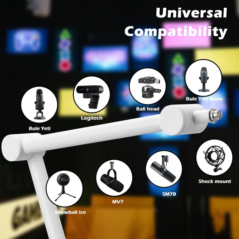 BOMGE Boom Arm Mic Stand MS808 - Adjustable Heavy Duty Suspension Boom Scissor Arm Stand with Cable Management Channels, Desk Clamp for Podcasts, Streaming, Gaming, Home Office, Recording (White) - Two Horn