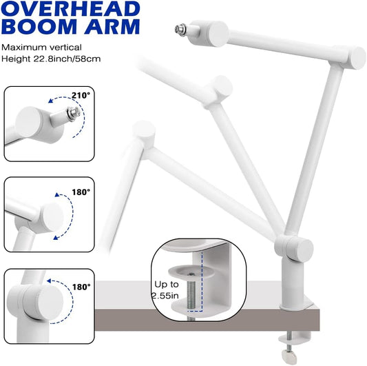 BOMGE Boom Arm Mic Stand MS808 - Adjustable Heavy Duty Suspension Boom Scissor Arm Stand with Cable Management Channels, Desk Clamp for Podcasts, Streaming, Gaming, Home Office, Recording (White)