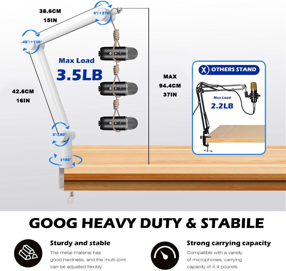 BOMGE Boom Arm Mic Stand MS808 - Adjustable Heavy Duty Suspension Boom Scissor Arm Stand with Cable Management Channels, Desk Clamp for Podcasts, Streaming, Gaming, Home Office, Recording (White)