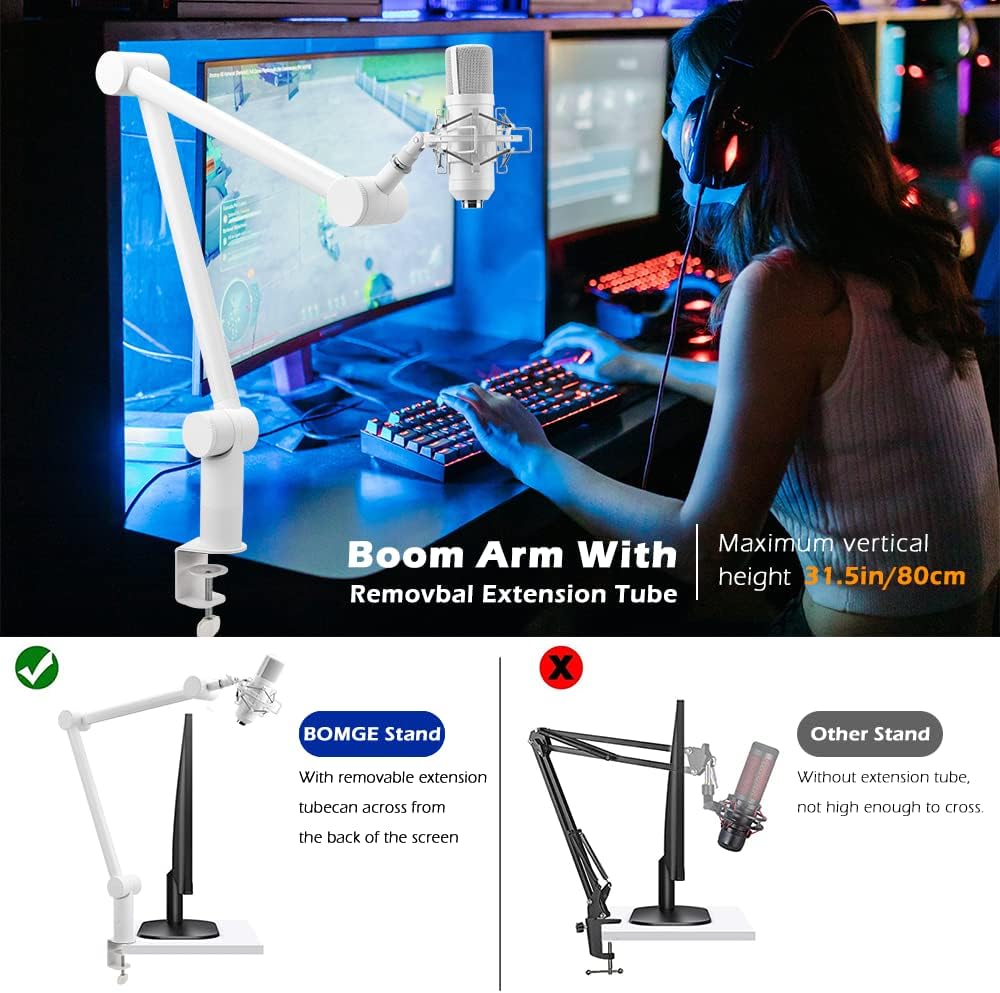 BOMGE Boom Arm Mic Stand MS808 - Adjustable Heavy Duty Suspension Boom Scissor Arm Stand with Cable Management Channels, Desk Clamp for Podcasts, Streaming, Gaming, Home Office, Recording (White)