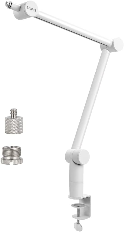 BOMGE Boom Arm Mic Stand MS808 - Adjustable Heavy Duty Suspension Boom Scissor Arm Stand with Cable Management Channels, Desk Clamp for Podcasts, Streaming, Gaming, Home Office, Recording (White) - Two Horn
